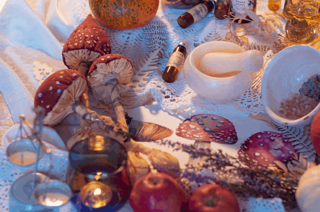 Amanita muscaria mushrooms arranged with candles, herbs, and apothecary bottles on a lace-covered table under warm light.