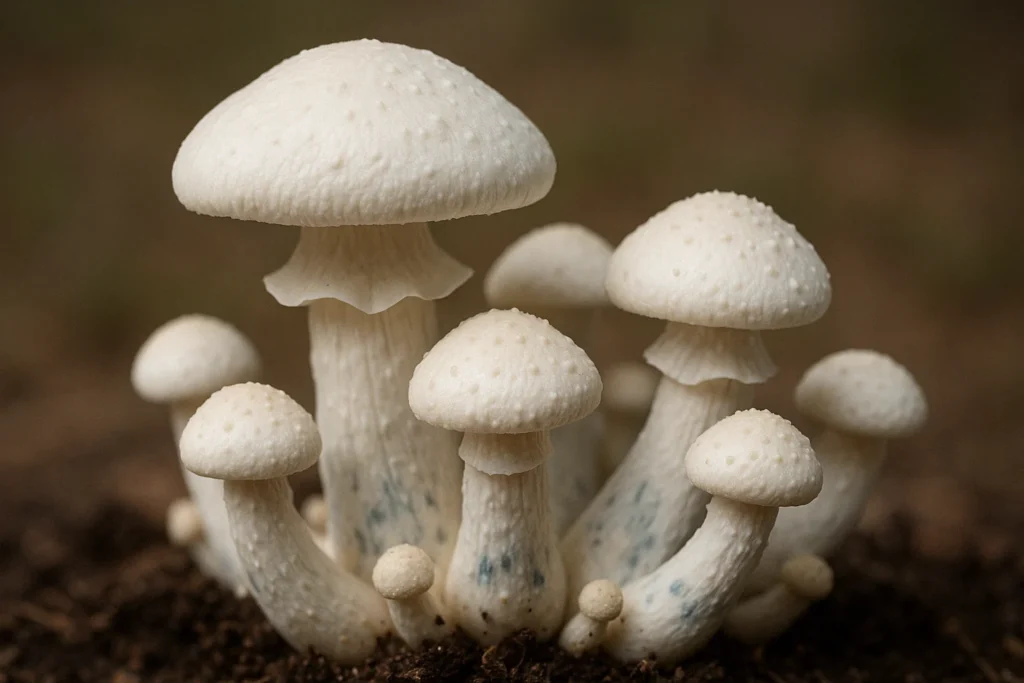 Cluster of Albino A+ mushrooms with smooth white caps and stems growing from dark soil.