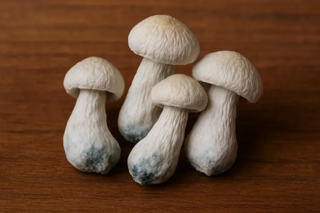 Cluster of Holy Ghost magic mushrooms with thick white stems and rounded caps displayed on a wooden surface.