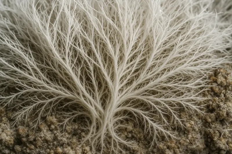 Microscopic view of robust, white rhizomorphic Cambodian Psilocybe cubensis mycelium aggressively colonizing a substrate, illustrating its fast growth and resilience.