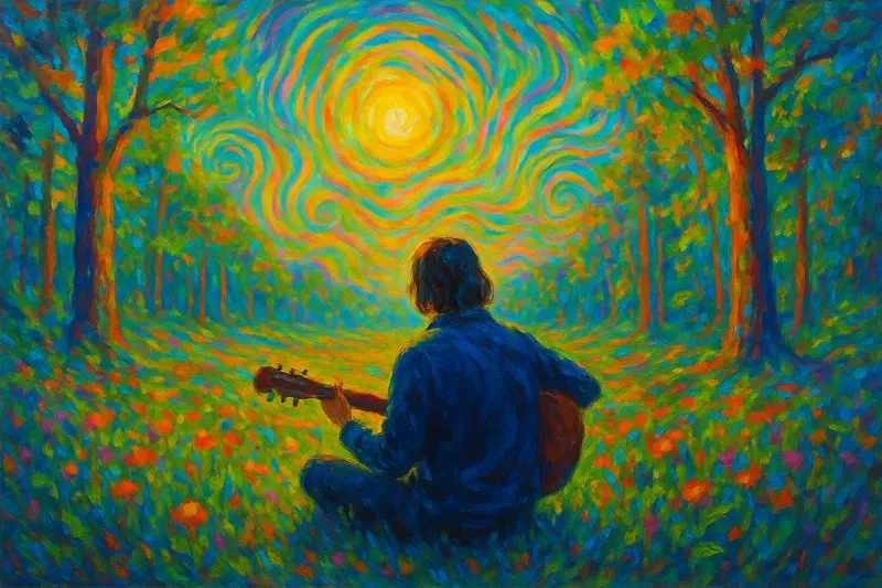 Person enjoying nature or engaging in an artistic activity, such as painting outdoors or playing music, with vibrant colors and subtle visual effects, reflecting the energetic and clear-headed experience of Cambodian cubensis.