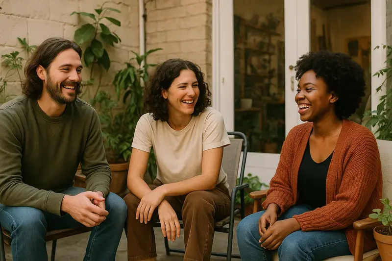 Small group of friends casually socializing in a comfortable, safe setting, depicting positive social interactions and lightheartedness during a Cambodian cubensis experience.