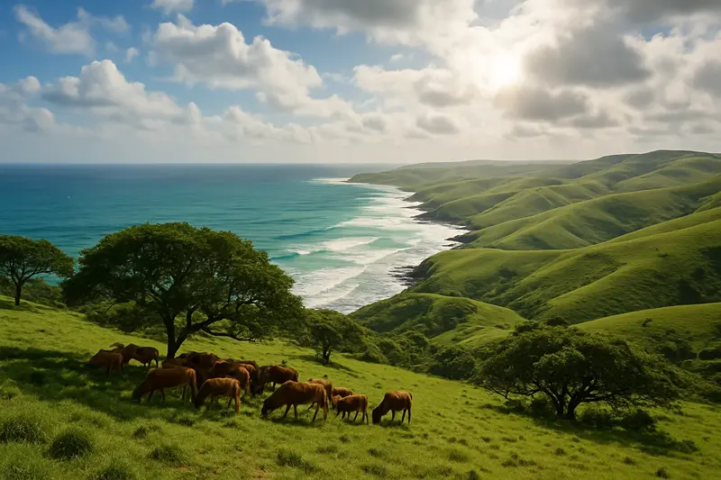 Panoramic view of South Africa's Wild Coast, featuring rolling green hills, a turquoise ocean, and cattle grazing under trees, illustrating the mushroom's natural habitat.