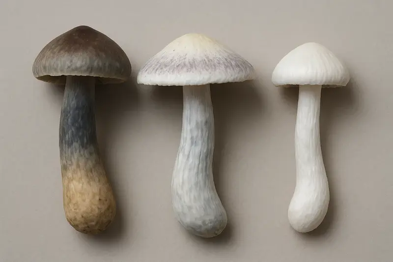 Comparison image showing three different mushroom strains: African Transkei, Blue Meanie, and Albino Holy Ghost, highlighting their distinct visual characteristics.