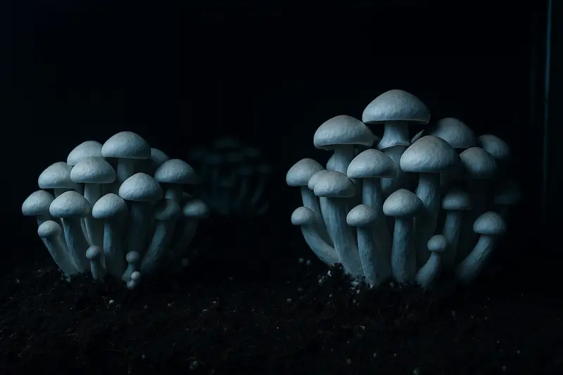 Indoor cultivation setup for Yeti mushrooms in a dark environment, showing dense clusters of white mushrooms with bluish bruising on the substrate.