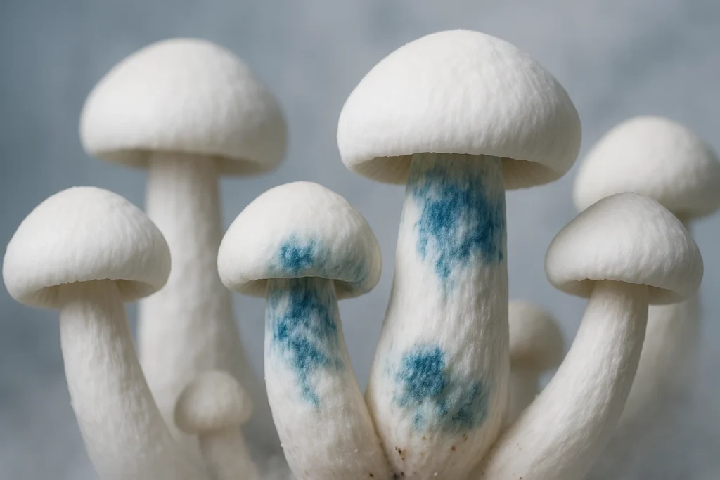 Close-up of Yeti magic mushrooms with white caps and blue bruising on their thick stems.