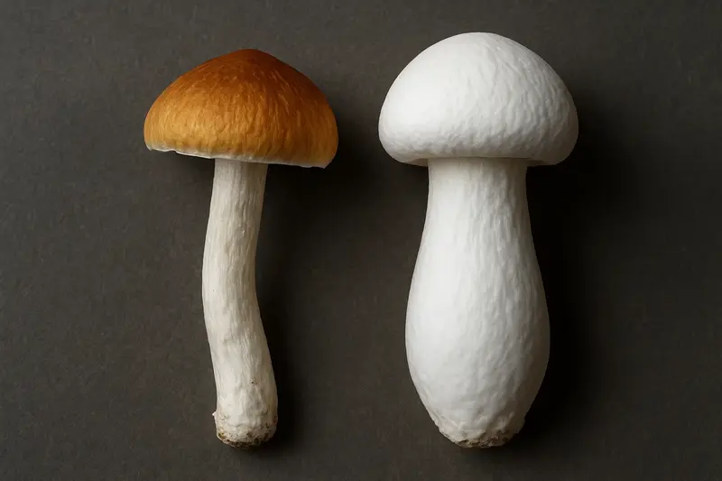 Comparison image showing a classic Golden Teacher mushroom next to a pure-white Yeti mushroom, highlighting their distinct colors and shapes.