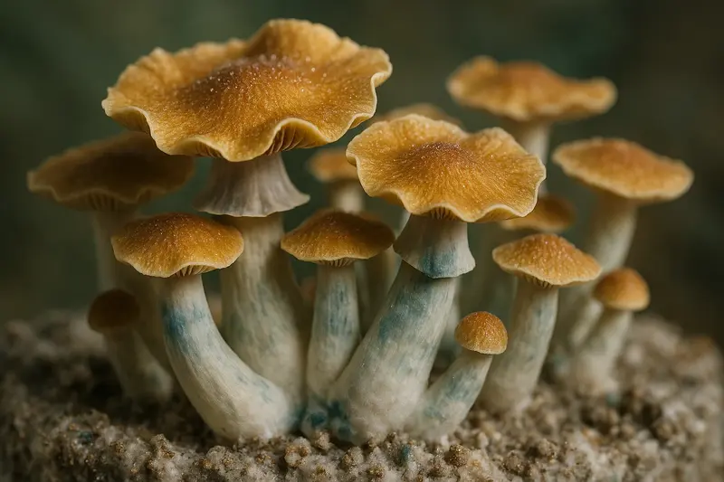 Close-up of realistic Tidal Wave mushrooms with wavy golden-brown caps and thick white stems, clearly showing bluish bruising.