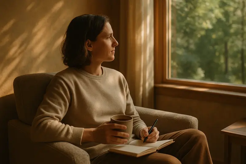 Person in a calm, naturally lit room, subtly illustrating effects like clarity and visual enhancement.