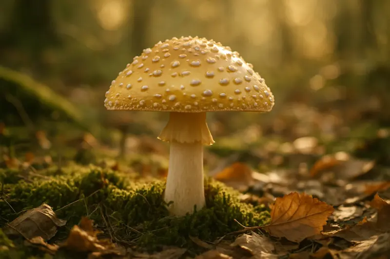 Sunlit Amanita Muscaria mushroom growing amongst moss and fallen leaves in a natural forest setting.