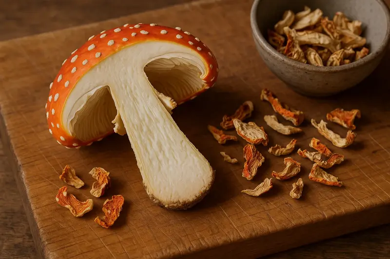 Cross-section of an Amanita Muscaria mushroom on a wooden cutting board with dried pieces, suggesting preparation methods.