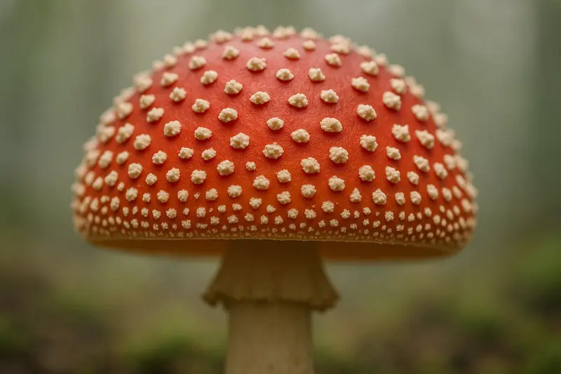 Close-up of a vibrant red Amanita Muscaria mushroom cap with distinct white flakes, set against a blurred forest floor.