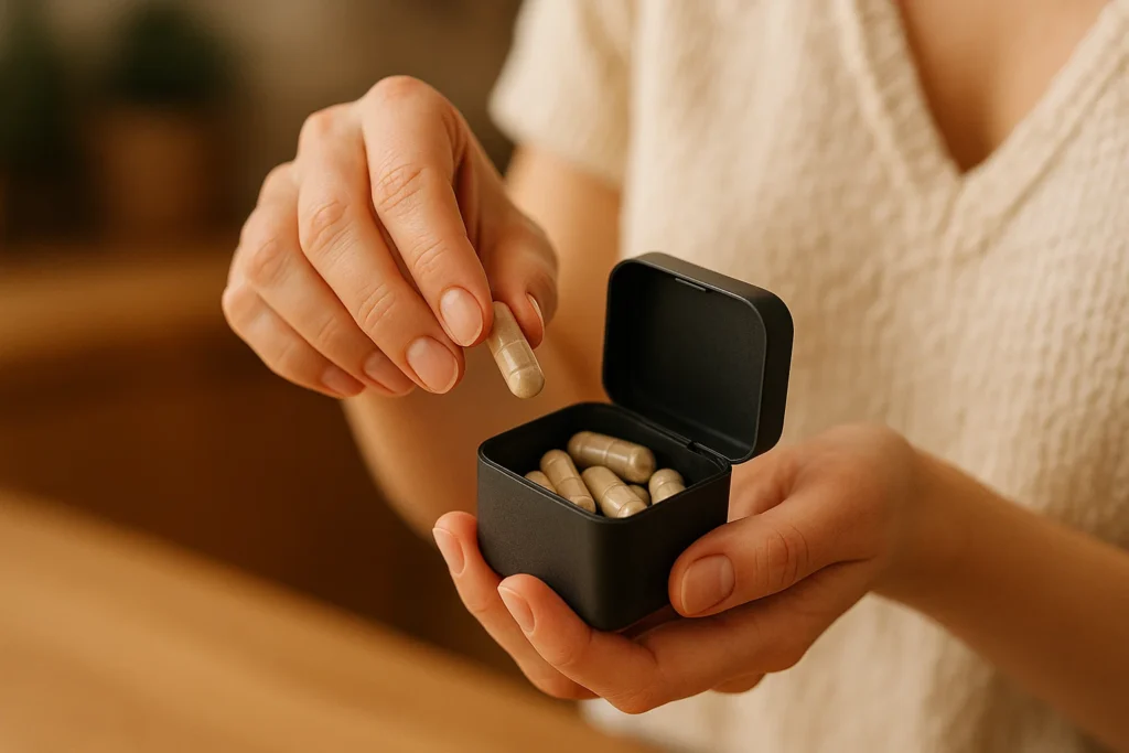 Close-up of a hand taking a single capsule from a box of microdosing products, emphasizing the ease and accuracy of using pre-measured doses.