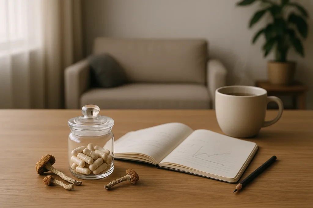A minimalist and serene photo showing a person’s microdosing ritual. On a wooden table, there is a small jar of microdosing capsules, an open journal with notes, and a steaming cup.