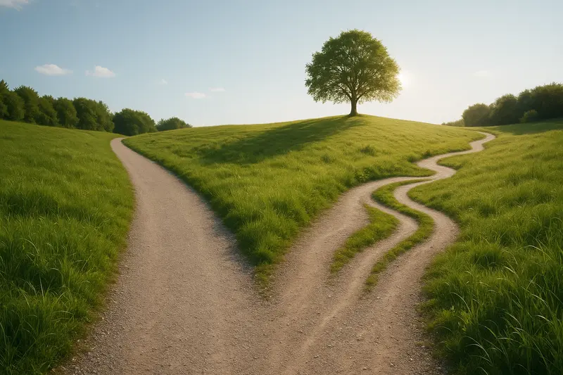 A forked path, one straight and one with multiple elements, leading to a single destination, representing the choice between the Fadiman Protocol and the Stamets Stack.