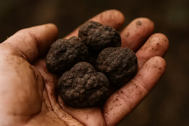 A close-up shot of several fresh, brownish magic truffles (sclerotia) held in a person's hand, highlighting their earthy, irregular appearance.