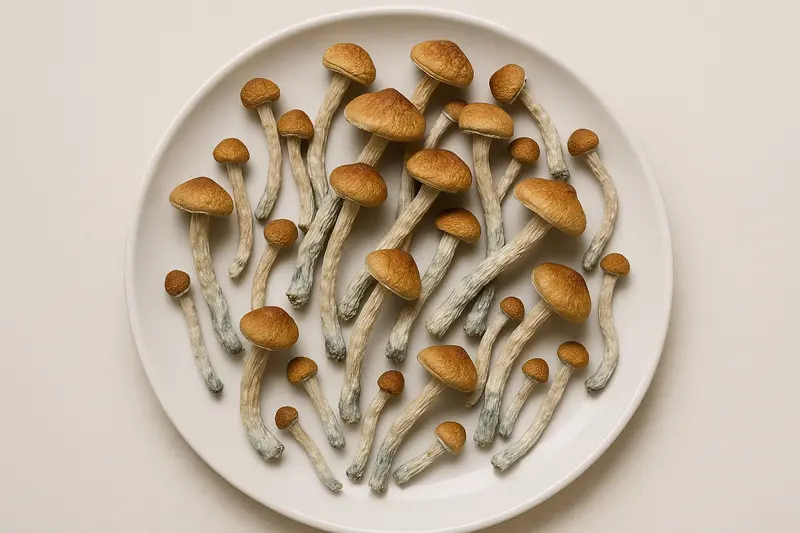 A plate filled with dried Psilocybe cubensis mushrooms, showing their characteristic golden caps and slender stems.
