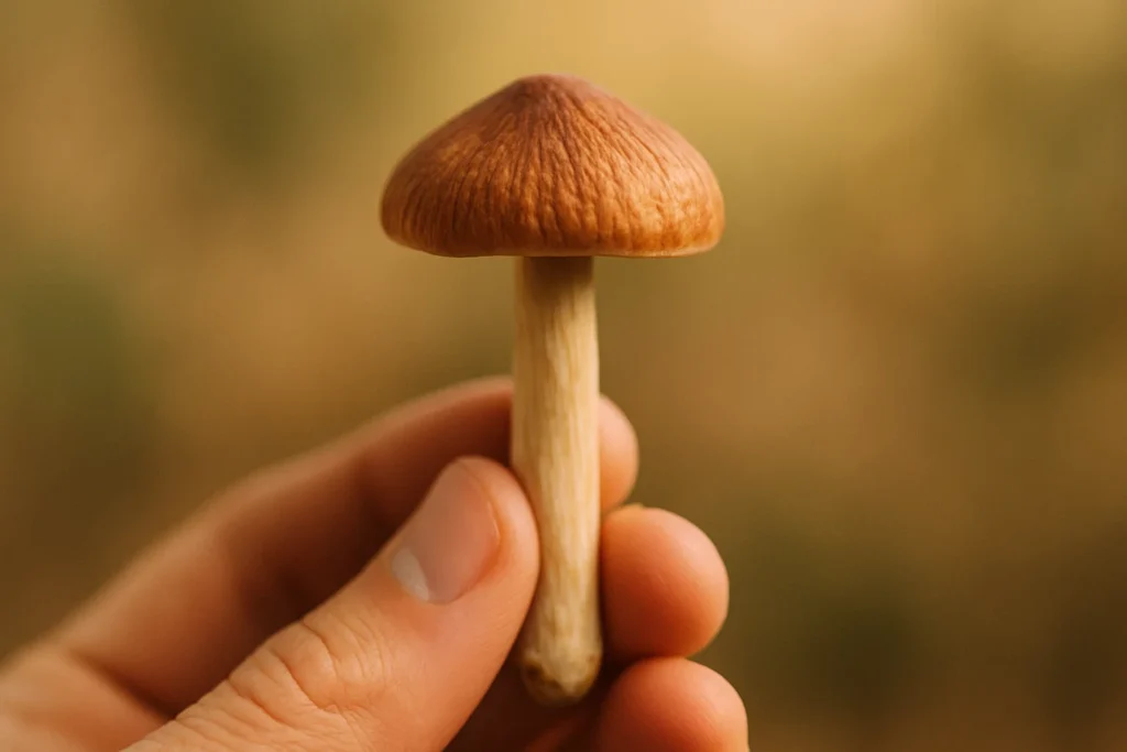 A close-up, focused photo of a single psilocybin mushroom being held in someone's hand, against a softly lit, natural background. The mushroom is the main subject.