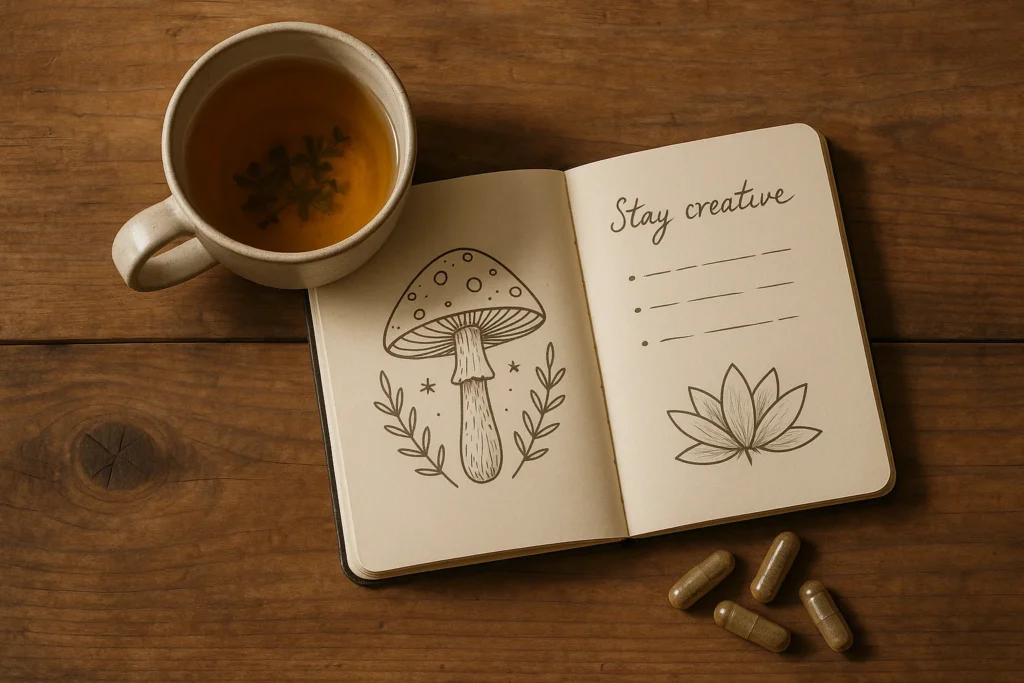 A calm, overhead photo of a cup of herbal tea, an open journal with drawings, and several Good Moods psilocybin microdose capsules on a wooden table.