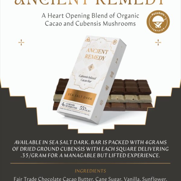 Ancient Remedy Sea Salt Dark Cacao Bar with organic cacao and cubensis mushrooms displayed in product packaging.