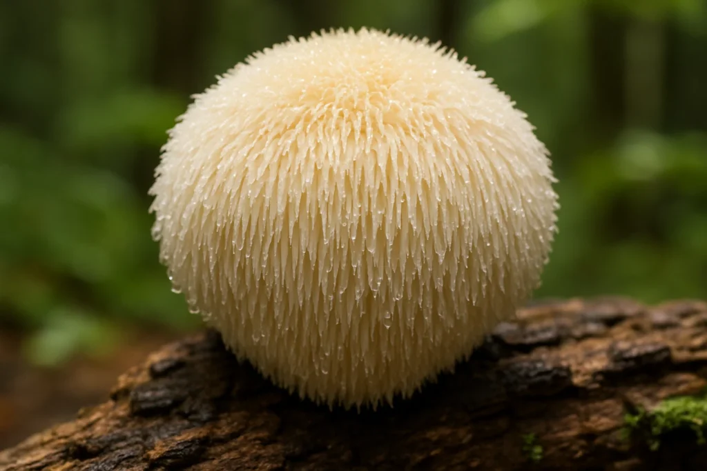 A realistic close-up photo of a fresh Lion's Mane mushroom growing on a piece of wood in a natural, forested setting.