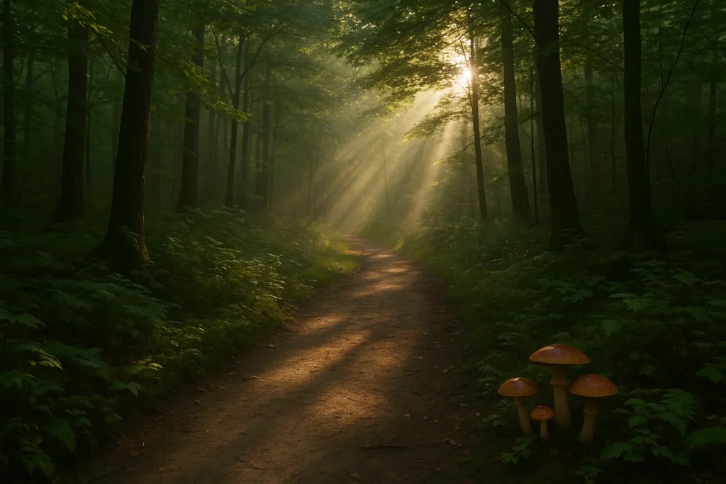 A photo of a quiet, sun-dappled forest floor with various mushrooms and fungi growing, evoking a sense of discovery and a natural connection.