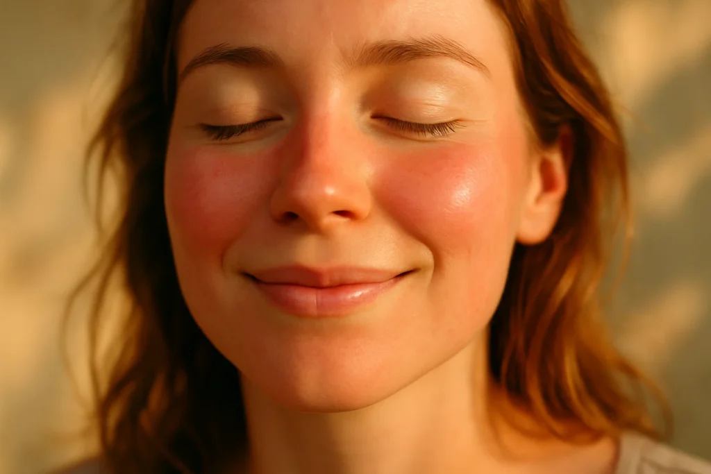 A close-up, warm-toned portrait of a person's face with a slight flush, conveying a feeling of warmth and improved circulation.