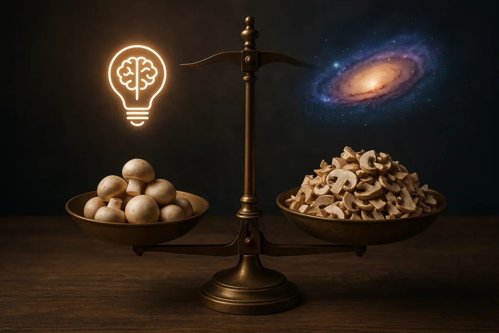 A balanced scale comparing a small pile of mushrooms under a brain icon with a large pile under a galaxy icon, illustrating the difference between microdosing and macrodosing.