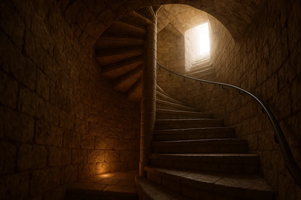 A realistic spiral staircase with a soft light at the bottom and a bright light at the top, representing how microdosing and macrodosing can be complementary parts of a single journey.