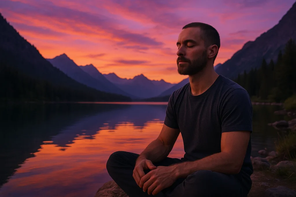 A man meditating by a serene mountain lake at sunset, a metaphor for the deep, transformative journey of macrodosing.