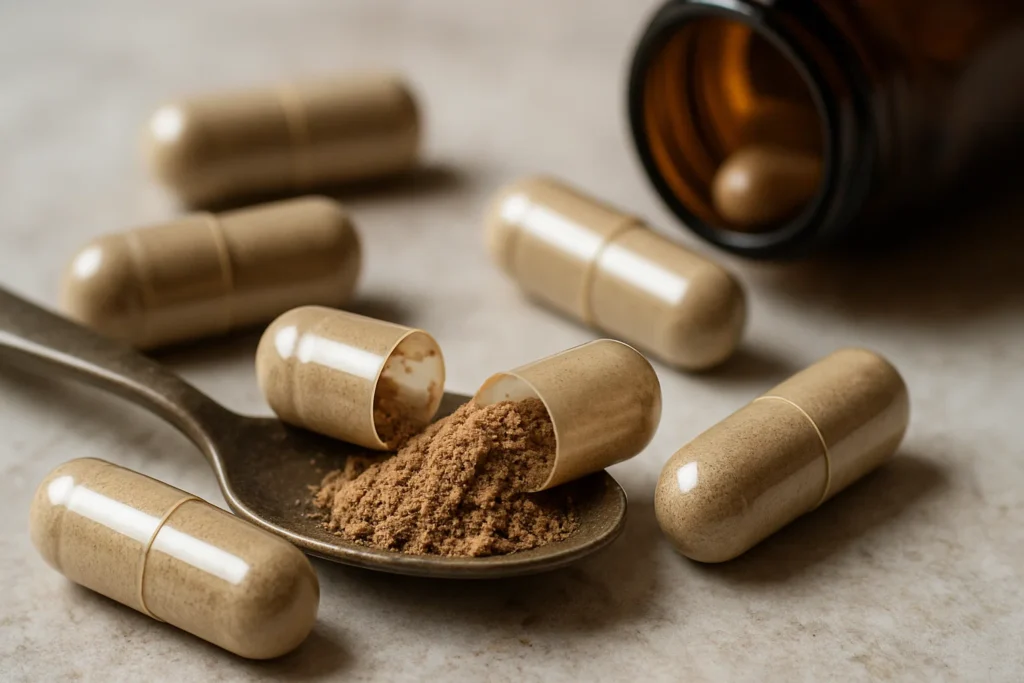 Close-up of psilocybin capsules, with one opened to show the mushroom powder inside.