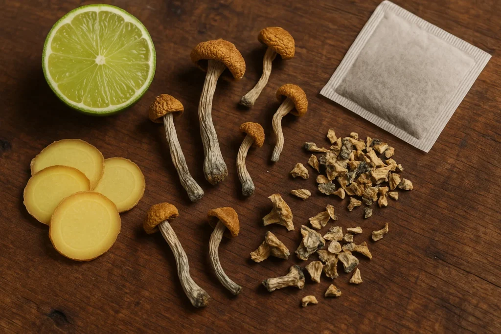 A detailed top-down shot of dried psilocybin mushrooms, both whole and chopped, next to fresh lemon slices, ginger pieces, and a tea bag on a wooden surface.