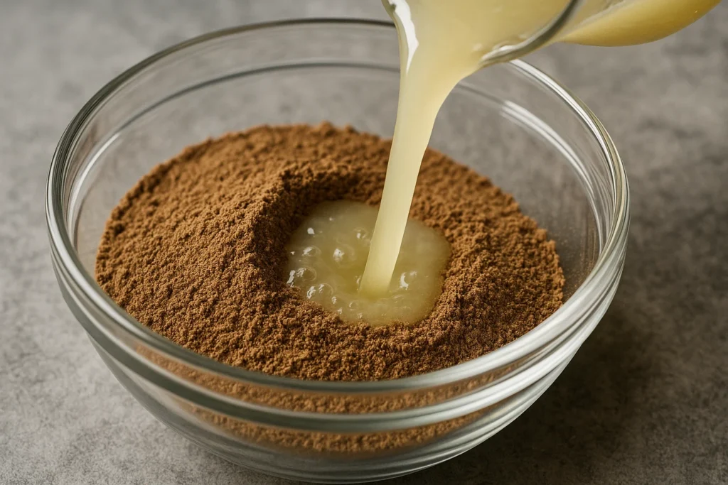 A close-up shot of ground psilocybin mushroom powder being soaked with fresh lemon juice in a clear glass bowl, illustrating the lemon tek method.