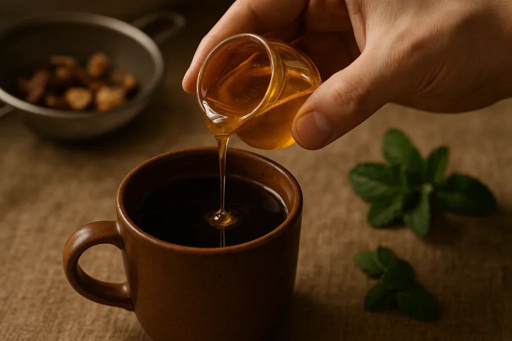 A person's hand pouring a thin stream of golden honey from a small glass pot into a cup of freshly brewed mushroom tea.