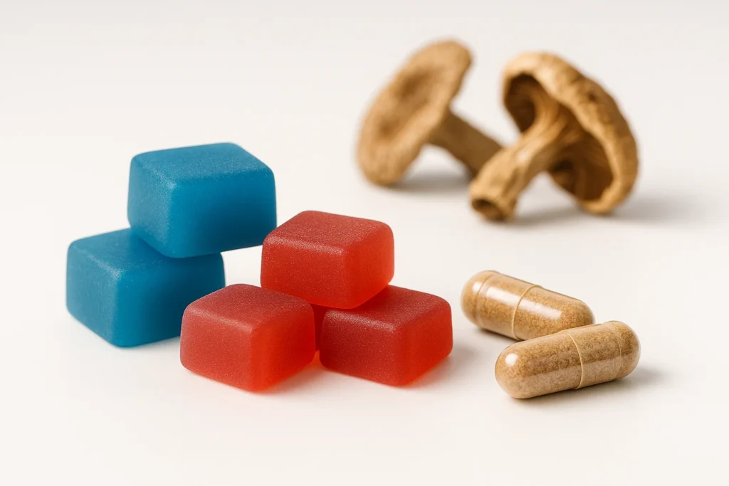 Good Moods microdose capsules and gummies arranged on a clean, bright surface, representing safe alternatives.