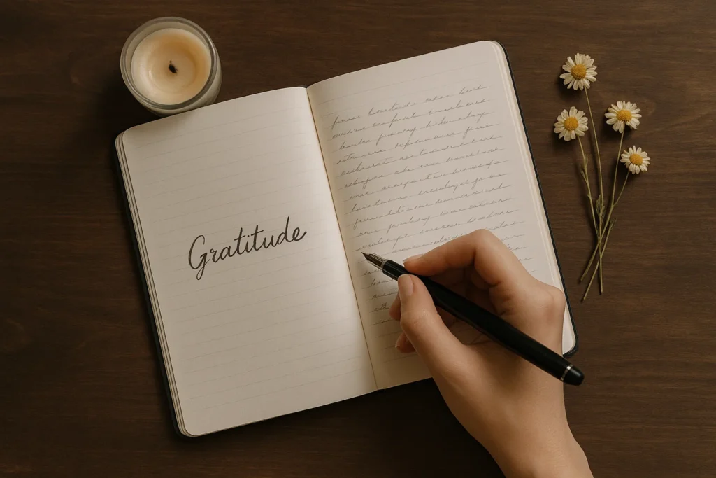 A notebook with a handwritten intention, pen, and dried flowers, representing the importance of setting a clear mindset before a mushroom trip.
