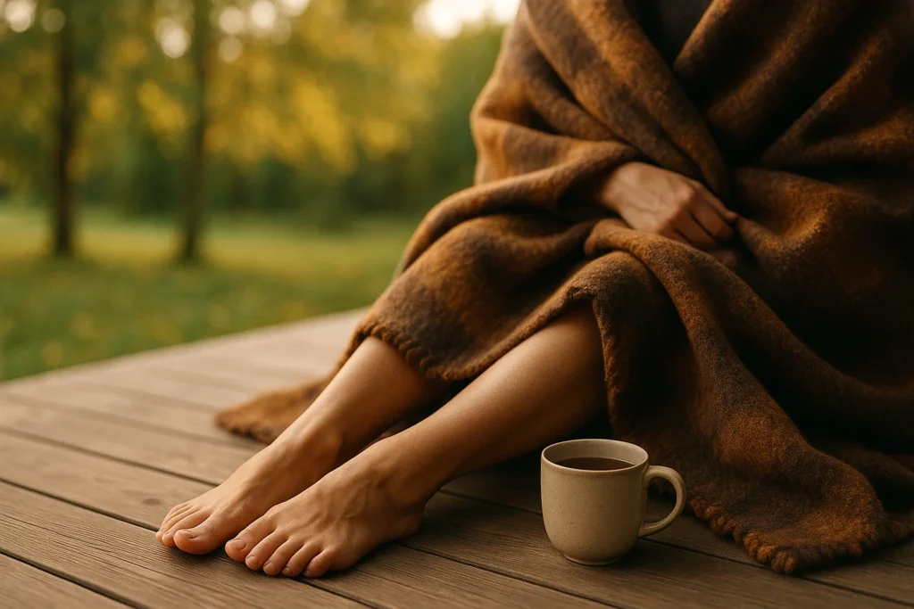 Person sitting on a cozy blanket on a wooden deck, looking out onto a peaceful forest, representing the blend of safe setting and connection to nature.