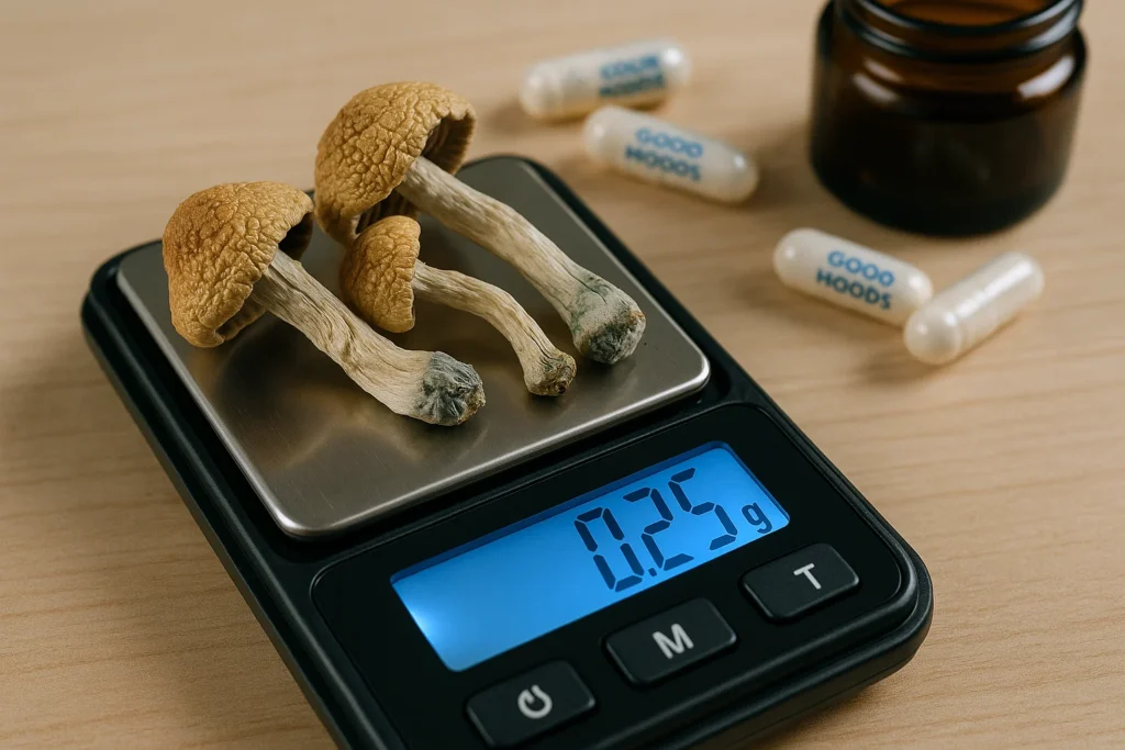 Close-up shot of dried magic mushrooms being precisely weighed on a digital milligram scale, displaying "0.25 g.