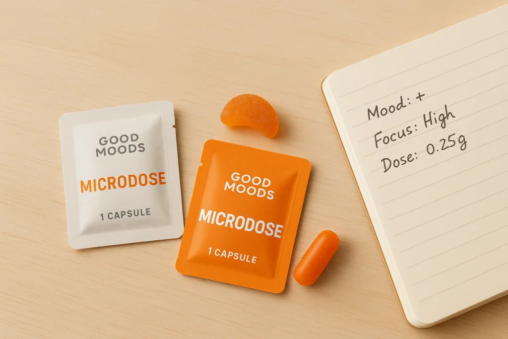 Good Moods microdose capsules and gummies shown next to a journal for tracking mood and productivity.