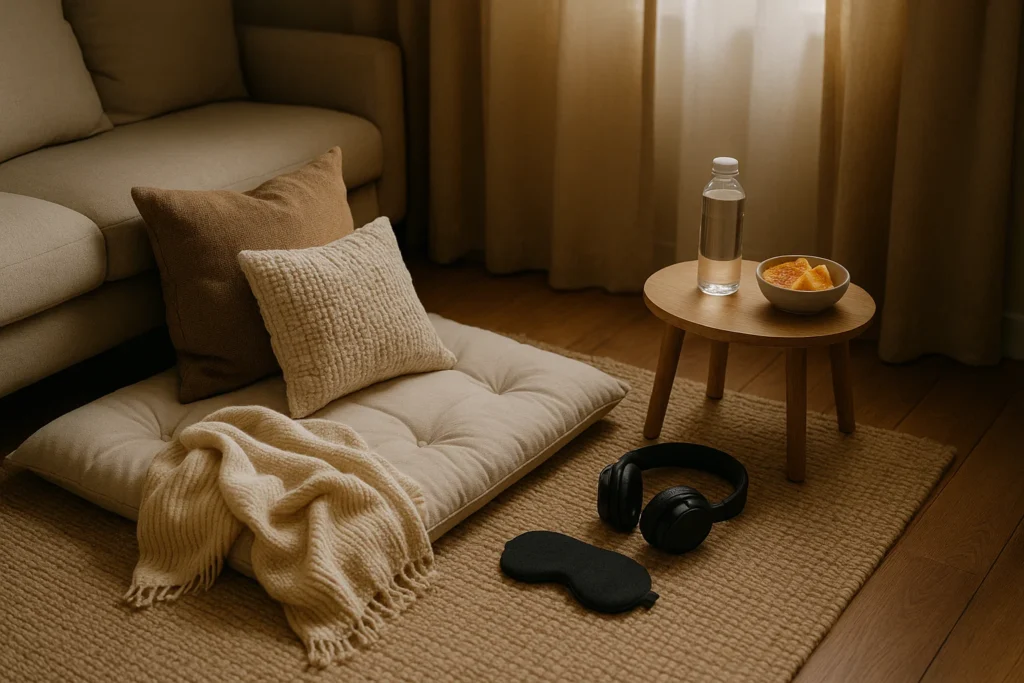 Cozy, prepared setting for a moderate mushroom trip, including a blanket, eye mask, water, and headphones.
