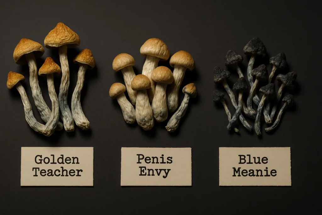 Comparison of three different dried mushroom strains—Golden Teacher, Penis Envy, and Blue Meanie—to illustrate potency variations.