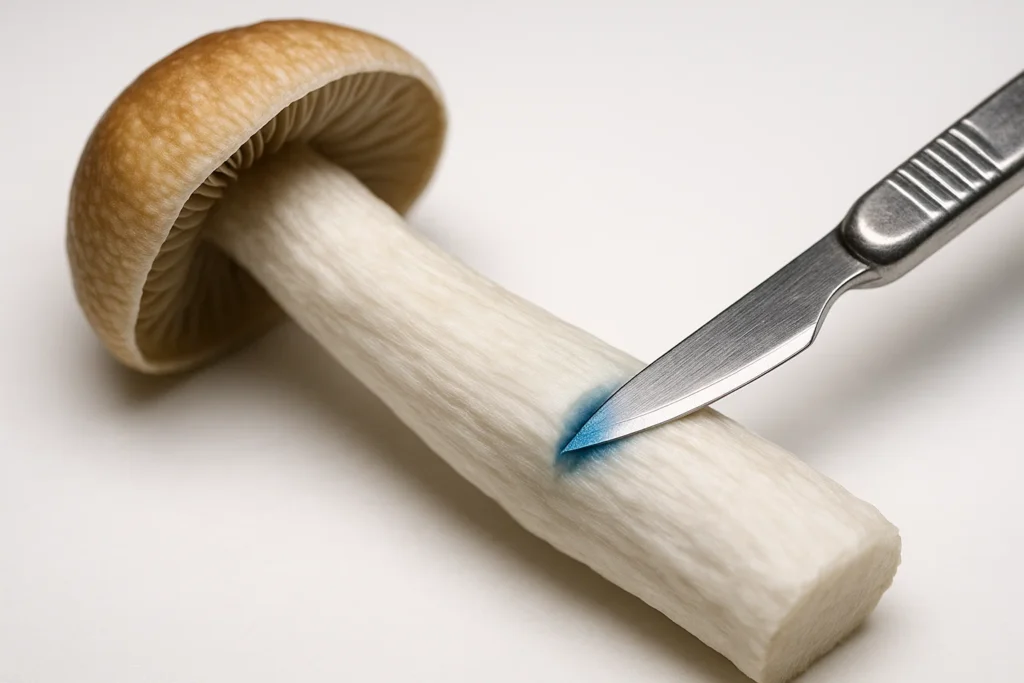 Scientific close-up of a fresh magic mushroom stem being cut, with a bright blue color immediately appearing at the incision line.