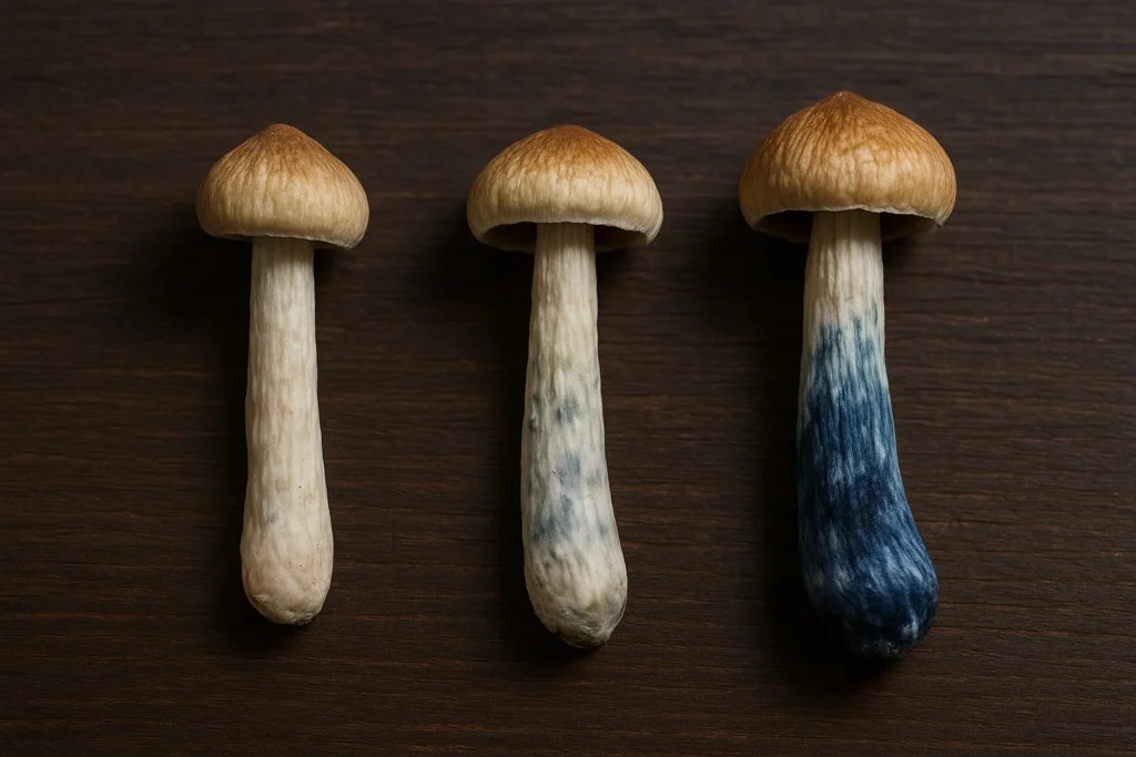 Three dried magic mushrooms displayed side-by-side showing varying degrees of blue bruising from light to intense dark blue.