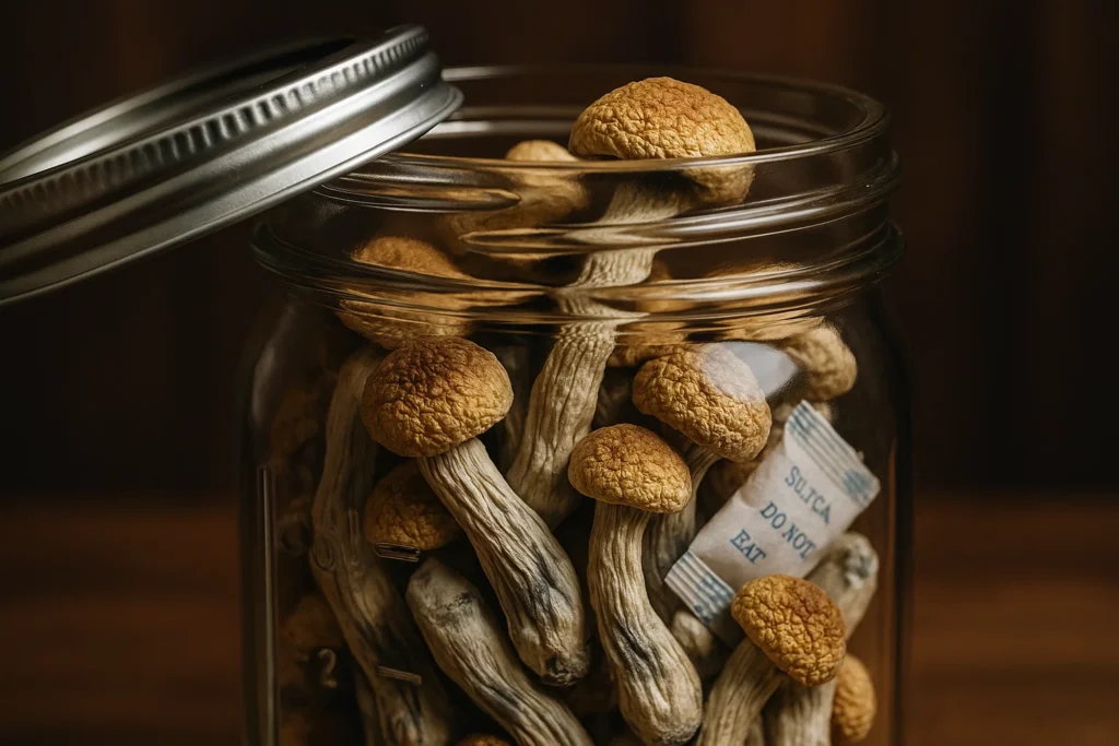 Dried magic mushrooms (Psilocybe cubensis) stored in an airtight glass mason jar with silica gel desiccant packs for optimal freshness and potency.