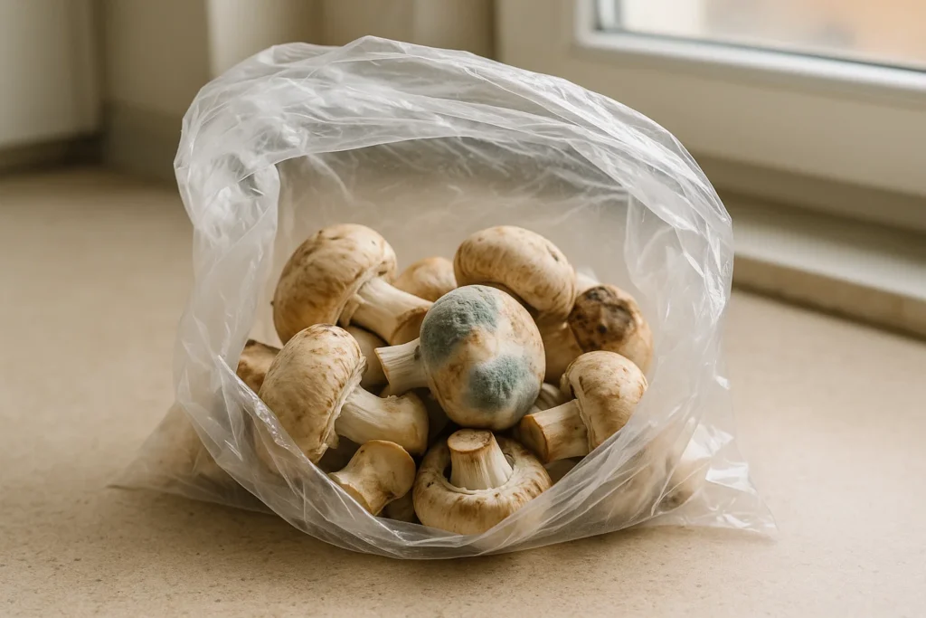 Example of improper mushroom storage: moist psilocybin mushrooms starting to grow mold inside a thin, unsealed plastic bag left near a window.