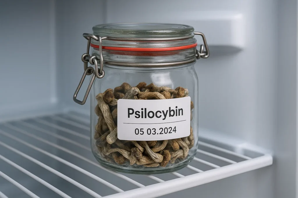 Airtight, labeled glass jar containing dried magic mushrooms stored on a shelf inside a refrigerator, illustrating cool storage in hot climates.