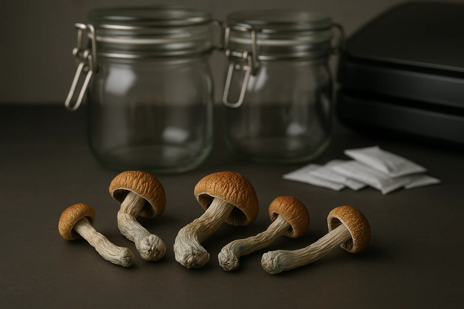 Assortment of dried psilocybin mushrooms with proper storage tools like airtight mason jars and desiccant packs, emphasizing freshness and potency.