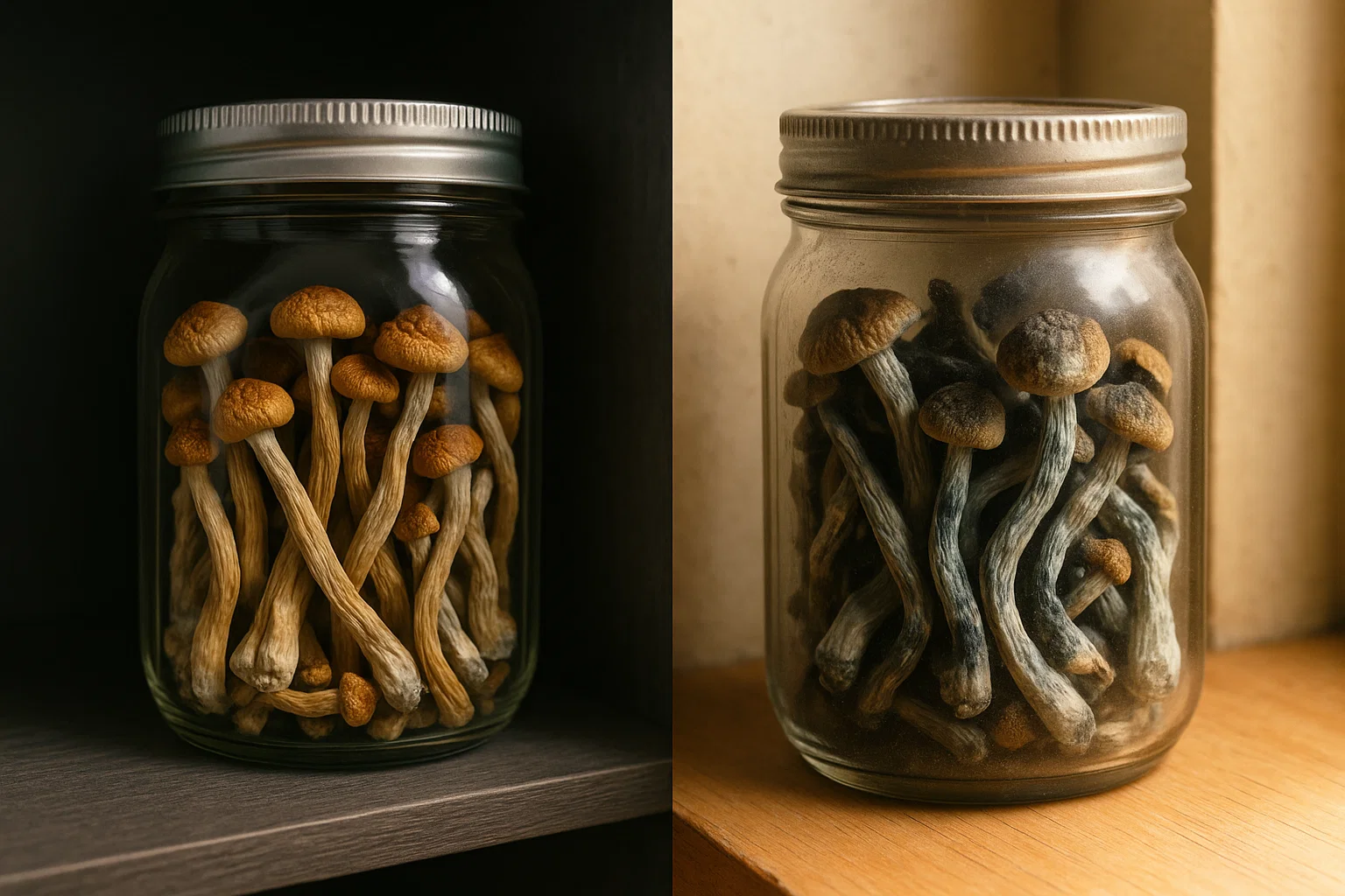 Comparison of fresh and expired dried magic mushrooms in sealed mason jars.