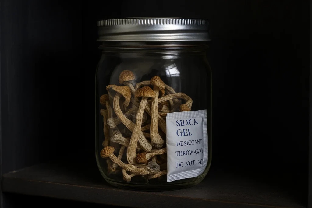Dried magic mushrooms and desiccant pack stored in an airtight glass mason jar in a dark cabinet for optimal longevity.