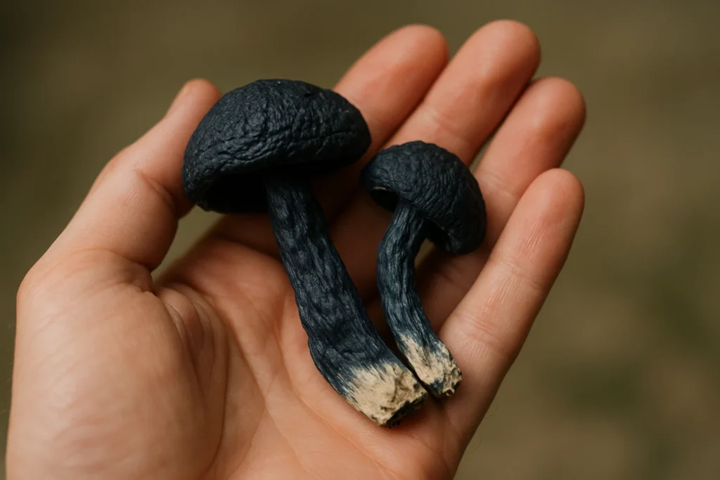 Hand holding a dried psilocybin mushroom showing extensive, dark blue bruising on the stem, indicating psilocin oxidation.